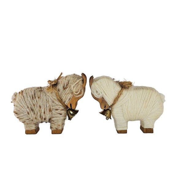 With Joy Inc Vintage Wooden Sheep Goat Figurines With Yarn Wrapping & Bells - Picture 1 of 8